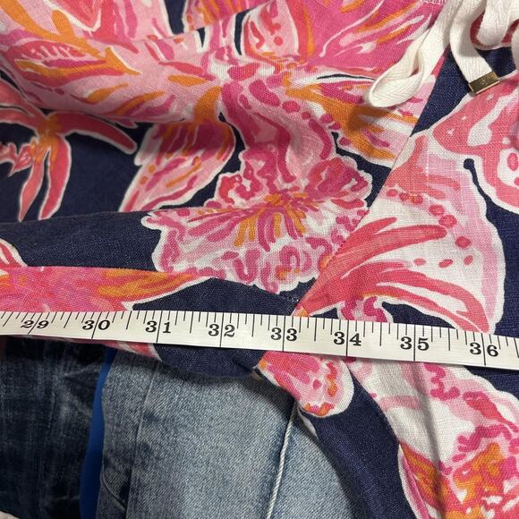 Lilly Pulitzer Pants Womens Medium Navy Pink The Beach Pant Linen Pull On Floral - Picture 7 of 11